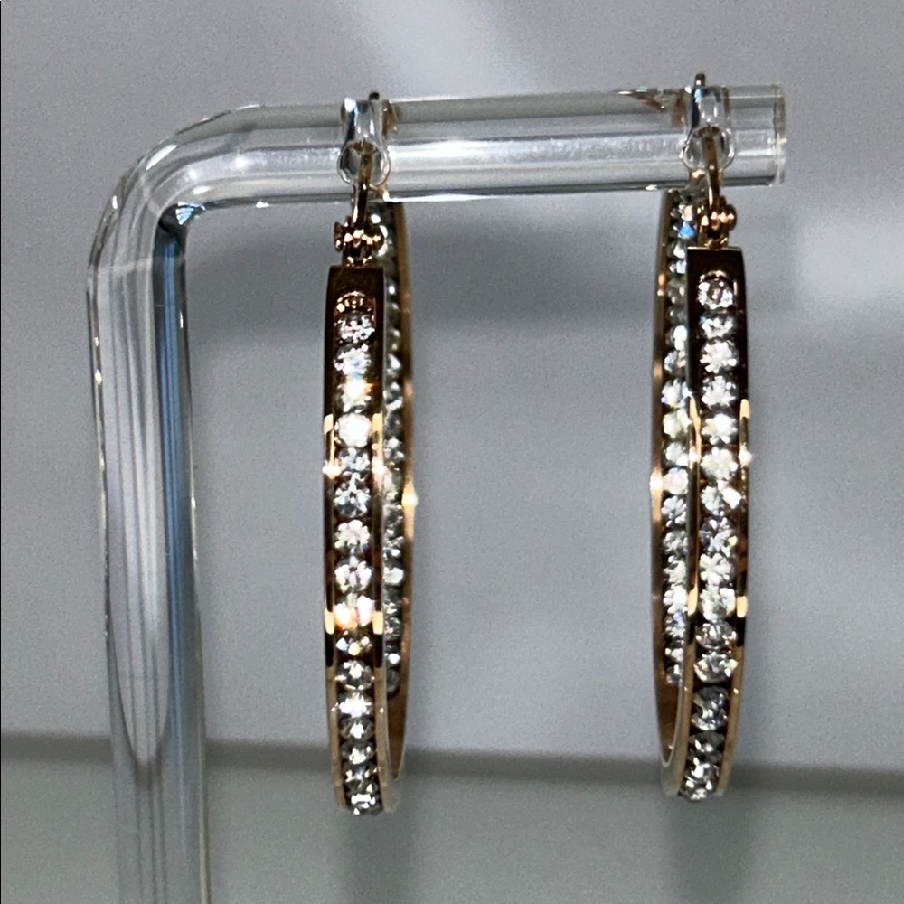 NWOT Gold Plated CZ Accented Stainless Steel Designer Hoop Earrings